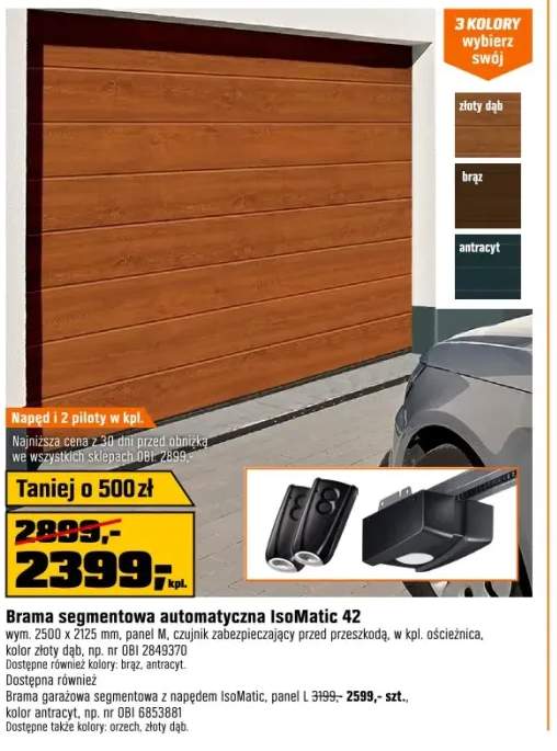 Automatyczna brama segmentowa IsoMatic 42 złoty dąb, przetłoczenie M - 250 x 212
