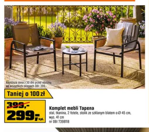 Komplet mebli Tapena stal, tkanina, 2 fotele, stolik ze szklanym blatem o Ø45cm, wys. 41cm