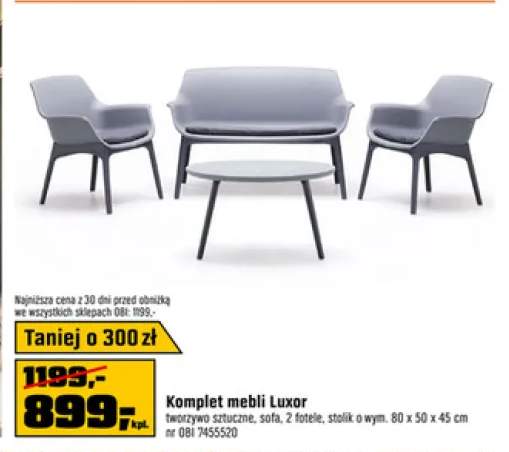 Komplet mebli Luxor tworzywo sztuczne, sofa, 2 fotele, stolik o wym. 80x50x45cm