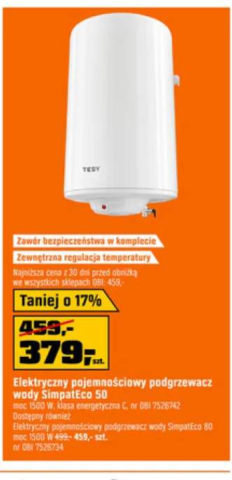 Elektryczny pojemnościowy podgrzewacz wody SimpatEco 50 TESY