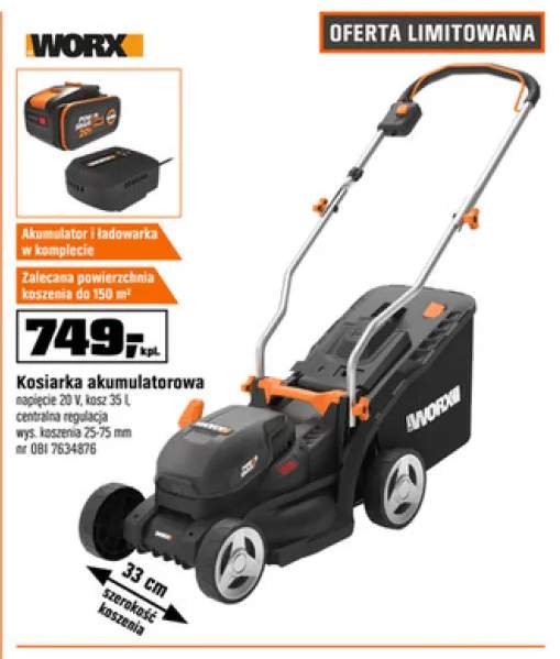Kosiarka akumulatorowa WORX napięcie 20V kosz 35l centralna regulacja wys. koszenia 25-75mm