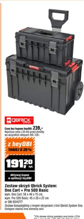 Zestaw skrzyń Qbrick System One Cart + Pro 500 Basic wym. One Cart: 58x46x75cm wym. Pro 500 Basic: 45x26x22cm