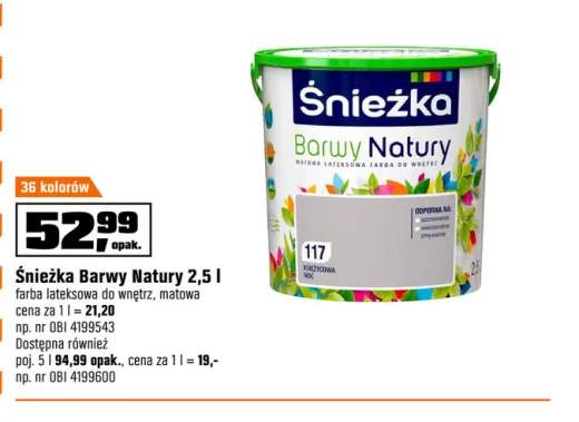 Farba lateksowa do wnętrz Śnieżka Barwy Natury 2,5 l +1 wariant